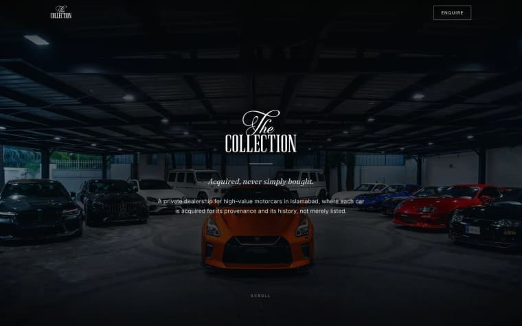 The Collection homepage: the logo and the line "Acquired, never simply bought." over a dimly lit showroom lined with luxury and sports cars, with a single Enquire button at the top right.